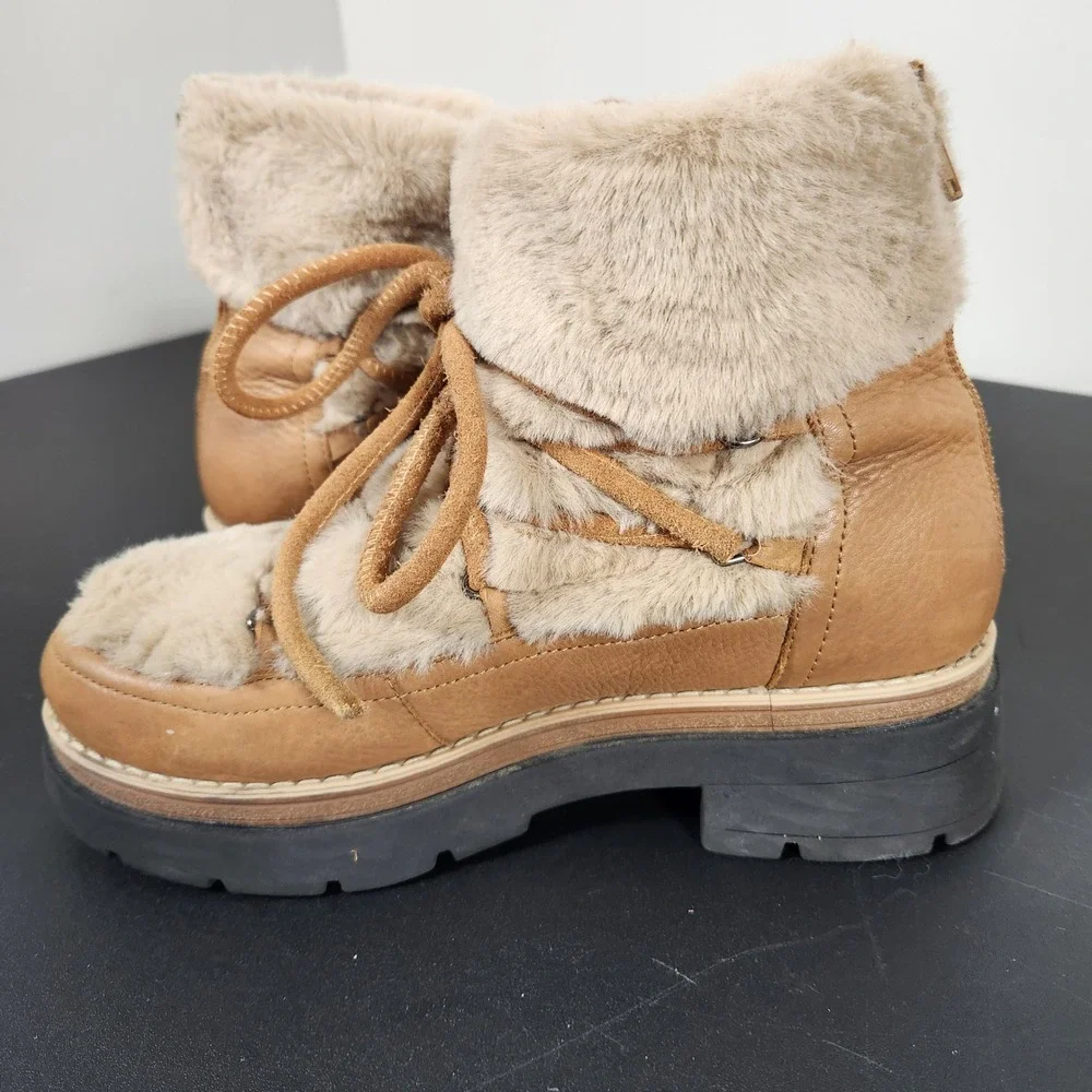 Free People Polar Queen Tan Leather Faux Fur Lace Up Ankle Boot Boho 38 7.5-8